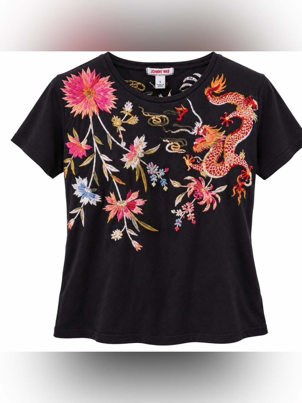 Johnny Was Black Embroidered Dragon Floral Tee Shirt Boho Multicolor Cotton